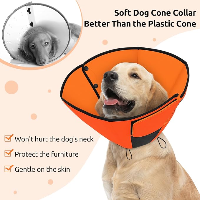 Queenmore Dog Cone Collar, Cone for Dogs to Stop Licking, Dog Cones for Medium Dogs, Adjustable Doggy Recovery Collars & Cones, Elizabethan Collar for Pets After Surgery, Orange M