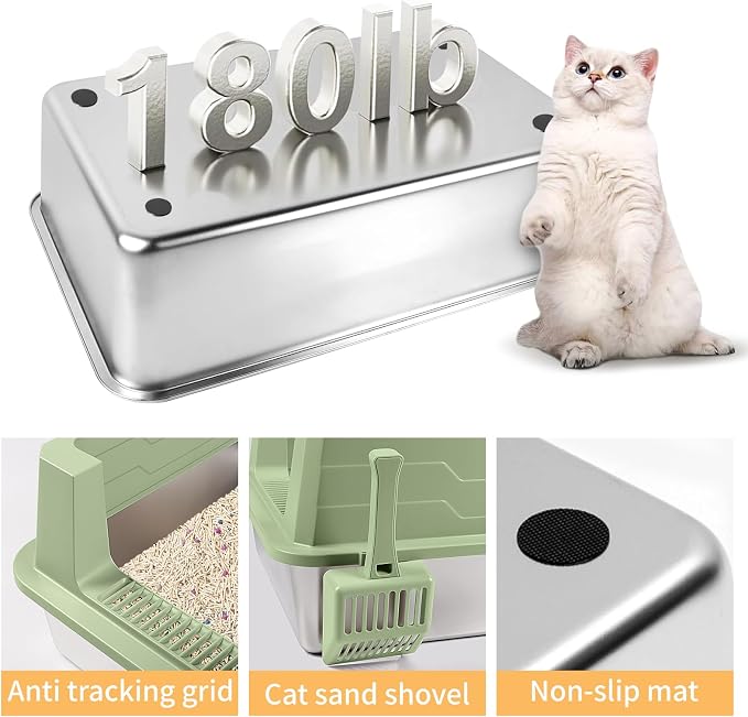 Extra Large Stainless Steel Litter Box, XXXL 27.6" H x 19.7" W x 11.8" H Metal High Sided Cat Litter Box with Scoop, Leak-Proof, Easy Clean for Big Cats/Multiple Cats (Green)