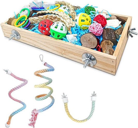 BNOSDM Large Foraging Toys Box and 3Pcs Gradient Bird Rope Perches Toy for Parakeet, Conure, Cockatiel