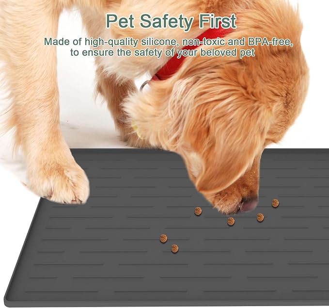 Silicone Dog Food Mat for Cats and Dogs, 18x12 Inch Non-Slip Waterproof Pet Feeding Mat with Raised Edges to Prevent Spills, Easy to Clean Floor Mat for Food and Water Bowls, Lake Blue