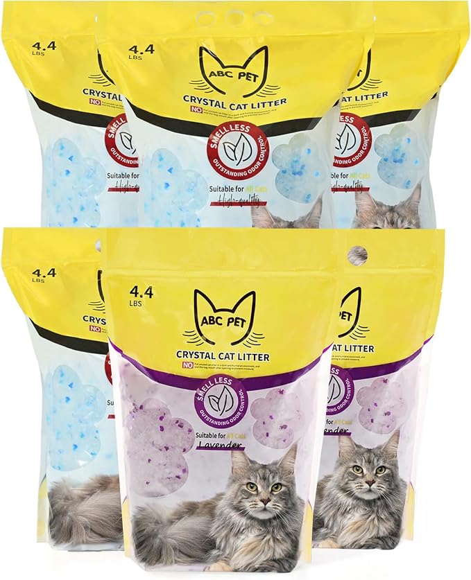 ABCPET Cat Litter Crystals No Clumping Odor Control Kitty Litter Non-Clumping No scooping Low Dust, Low Tracking, Dehydrates Waste - 25.8 lbs (4 Unscented & 2 Lavender)