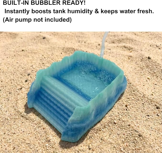 Hermit Crab Pools with Built-in Bubblers – Set of 2 (Fresh & Salt Water) – Upgraded Heat-Resistant PETG 3D Printed Water Bowls with Safe Exit Ramps (Glazed Blue/Green)