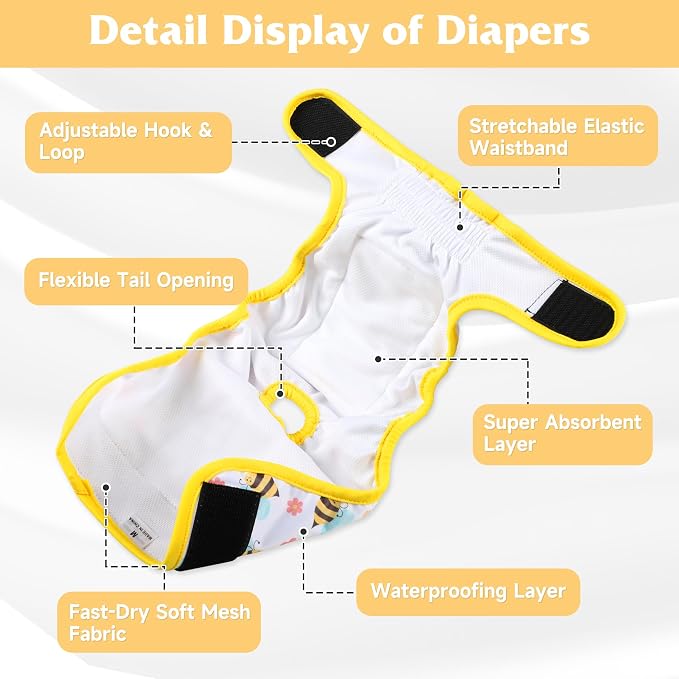 5 Pack Reusable Diapers for Doggie, Highly Absorbent Dog Diapers Female for Pet with Incontinence or Frequent Urination, Medium Dog Diapers Female, Animal