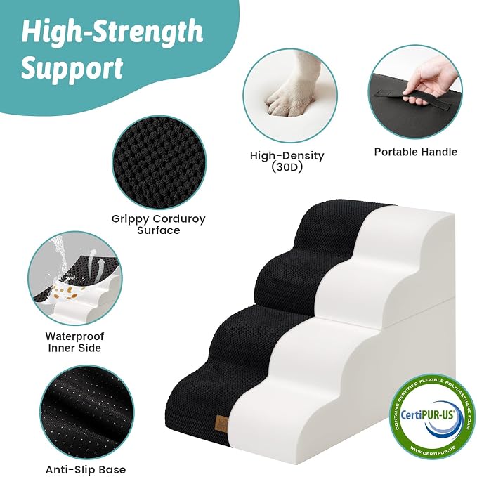 COZY KISS Detachable Curved Dog Stairs 19.7" H, 4 Step Small Dog Step for Puppy or Older Cat, Ramp for Bed, Sofa, Couch or Chair, Ladder with High Density Foam, 15.7x28.3x19.7 inch, Black