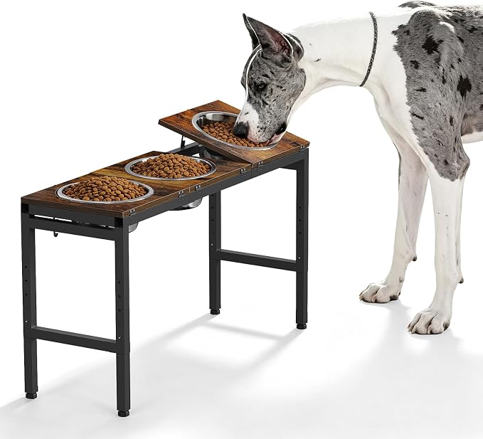 Elevated Dog Bowls Stand for Large Dogs - Triple Bowl Feeding Station, Adjustable Height 15-20.5in, Tilt Stainless Steel Bowls & Wood Tray, Large Dog Feeder 3500ML x3