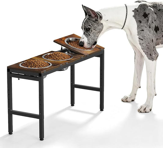 Elevated Dog Bowls Stand for Large Dogs - Triple Bowl Feeding Station, Adjustable Height 15-20.5in, Tilt Stainless Steel Bowls & Wood Tray, Large Dog Feeder 3500ML x3