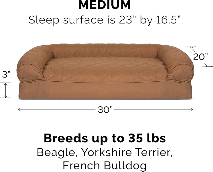 Furhaven Pillow Dog Bed for Medium/Small Dogs w/ Removable Bolsters & Washable Cover - Quilted Sofa - Toasted Brown, Medium