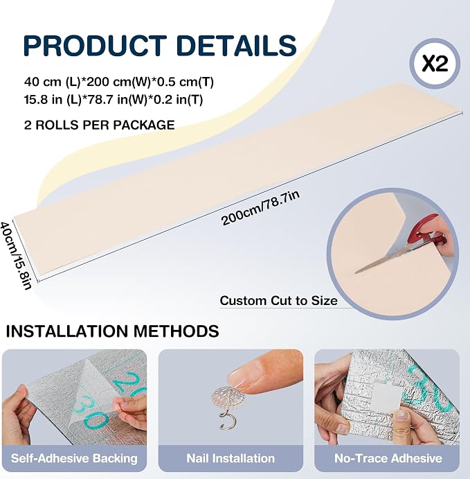 157.5" x 15.8" Cat Scratch Furniture Protector, Self-Adhesive Couch Protector from Cat Claws, Cats Scratching Mat for Sofa, Wall & Door, DIY Cat Scratch Pads Replacement, 2 Pack (Off White)