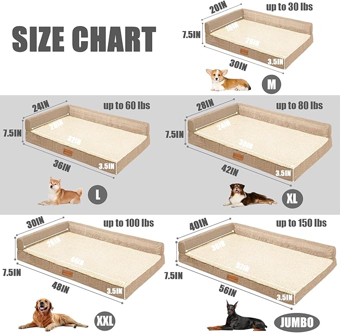 Patas Lague Orthopedic XL Dog Bed Large Sized Dog 48''X30'', Waterproof L Bolster Big Large Pet Sofa Beds with Removable Washable Cover, Soft Pet Couch Crate Mat with Nonskid Bottom, Beige