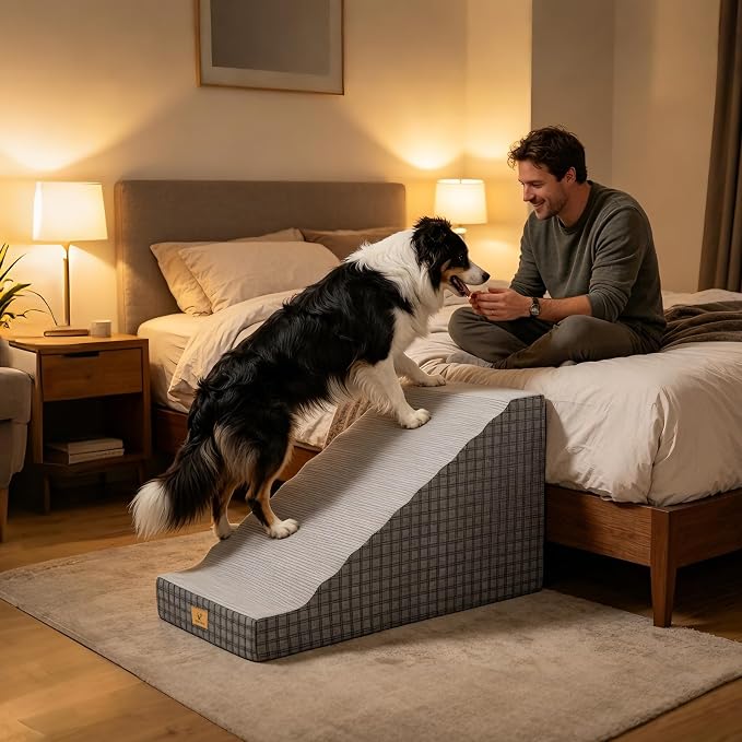 19" Pets Ramp for High Beds, Small Dogs & Senior Cats - Non-Slip Texture & Machine Washable Cover - Supportive Foam for Joint Comfort, Easy Climb for Couch, Sofa, Furniture (Gery-L)