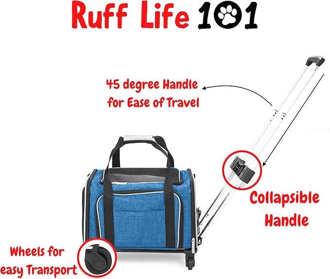 Ruff Life 101 Airline Approved Expandable Premium Pet Carrier on Wheels- Two Sided Expandable Rolling Carrier- Designed for Dogs & Cats- Extra Spacious Soft Lined Carrier! (Blue)