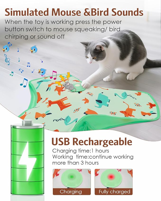 Interactive Cat Toy, Automatic Kitten Cat Toys for Indoor Bored Adult Cats, Rechargeable Cat Toys with Motion Activated, Real Mouse Squeaky, Moving Concealed Feathers, Hide & Seek
