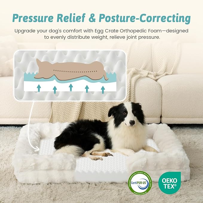 COZY KISS Orthopedic Dog Bed for Extra Large Dog, Soft and Warm Faux Fur Sofa for Giant Pet Up to 150 lbs, Foam Bolster Anti-Slip Couch with Washable Removable Cover, XXL 48x35x8 inch, Beige