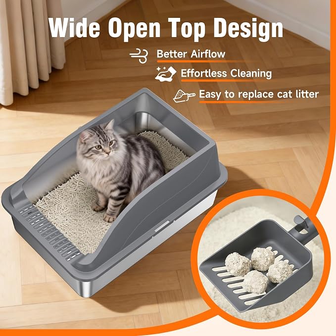 2Pack Stainless Steel Litter Box XL, Dark Grey, 2 Scoops Included | Easy Cleaning Anti-Scratch Anti-Urine Leakage Non-Sticky