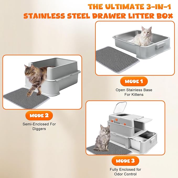 Homegroove Enclosed Stainless Steel Cat Litter Box with Drawer, XL Large Metal Cat Box with Lid for Indoor Cats, Metal Covered Litter Pan with Litter Scoop& Pedal (Light Gray)