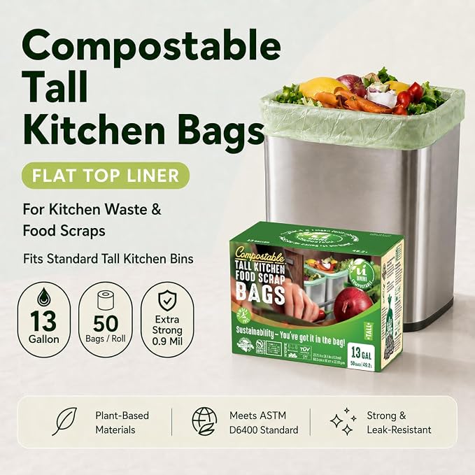 UNNI Compostable Trash Bags, 13 Gallon / 49.2 Liter, 200 Count Value Pack, Extra Thick 0.9 Mil Tall Kitchen Food Scrap Bin Liners, Certified by BPI, CMA & OK compost HOME, Meets ASTM D6400 Standard