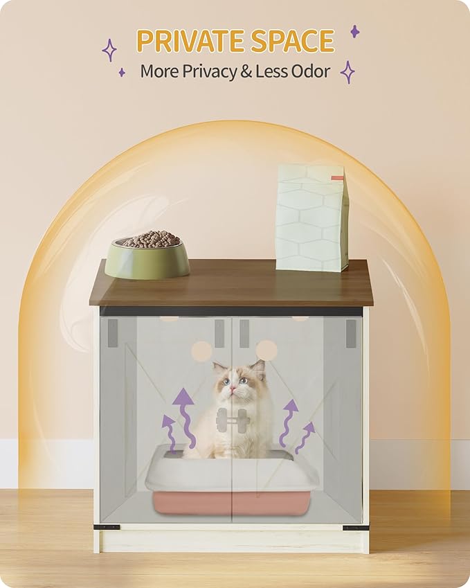 Hzuaneri Cat Litter Box Enclosure, Hidden Litter Box Furniture with Removable Dividers, Reversible Entrance Left or Right Side, Cat House, Rustic White and Brown CB84514X