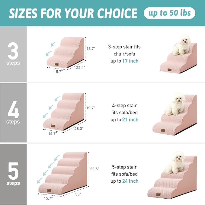 COZY KISS Dog Stairs for High Bed 22.6" H, Small Dog Step for Puppy, Older or Cat, Curved Ramp for Car, Ladder with High Density Foam, Lightweight, Durable, 15.7x33x22.6 inch, 5 Step, Pink