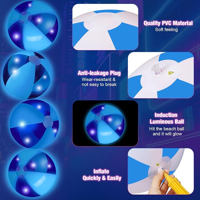 MiniInflat 12 Pcs Light up Beach Balls 16'' Jumbo Pool LED Balls Glow in the Dark Neon Giant Inflatable for Summer Hawaiian Tropical Theme Beach Party Decor Water Accessory (Blue)