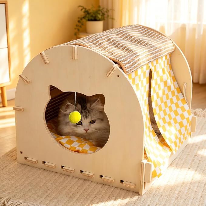 VARMTOR Cat Scratcher House, Cat Cave Wood, Cat Hiding Box Modern Kitten Bed with Scratch Pad and Fluffy Ball, Wooden Frame with Cushion and Curtains (M, Semicircle)