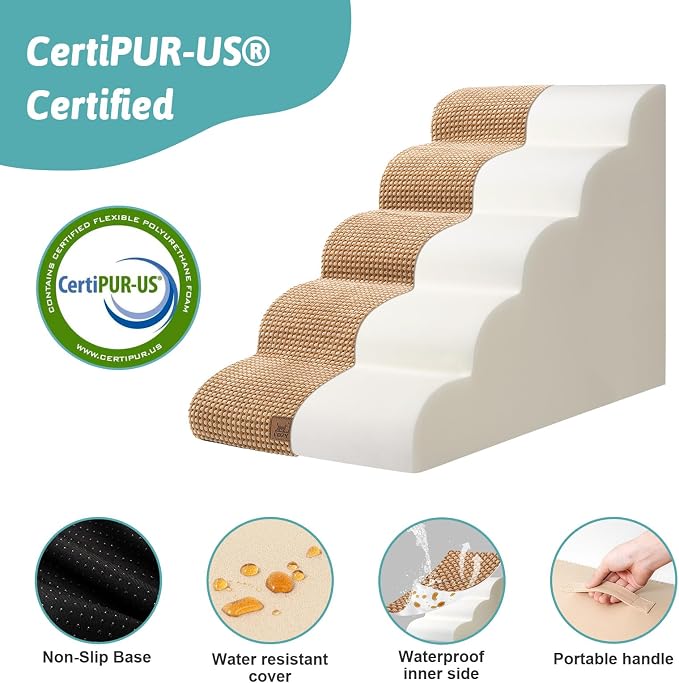 COZY KISS Dog Stairs for High Bed 22.6" H, Small Dog Step for Puppy, Older or Cat, Curved Ramp for Car, Ladder with High Density Foam, Lightweight, Durable, 5 Step, 15.7x33x22.6 inch, Light Brown