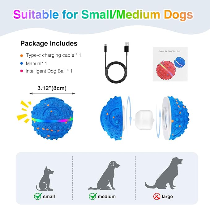 Interactive Dog Toys, Waterproof Smart Dog Ball, Rechargeable Moving Bouncing Dogs Ball with RGB Lights, 3 in 1 Play Modes Keeps Dogs Busy, E-TPU Material for Small Medium Dogs