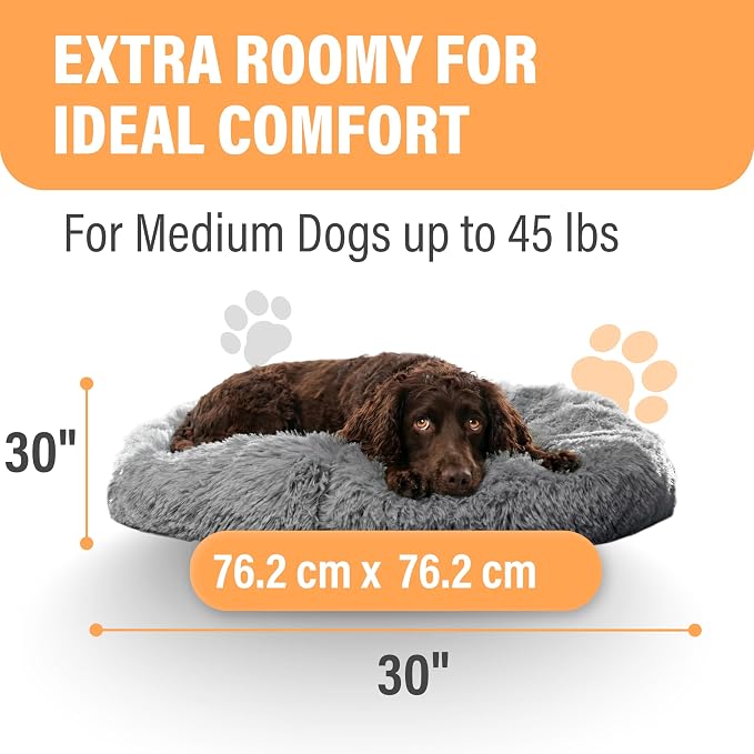 Active Pets Premium Medium Donut Dog Bed, Fits Up to 45 lbs, Machine Washable Cushion, Plush Long Pile Faux Fur Fabric, Portable Dark Gray Pet Bed Furniture for Puppies Adult Canines & Cats