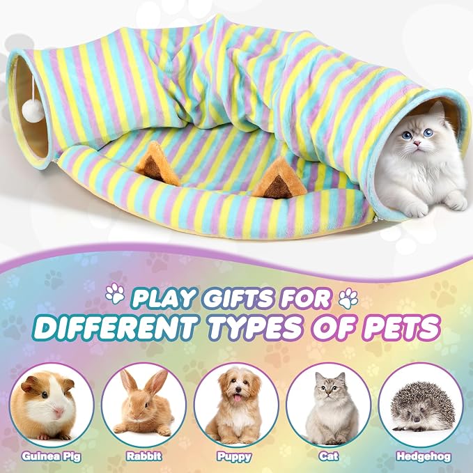 Spardar Bunny Tunnel Bed, 2-in-1 Collapsible Tunnel Tubes Toys, Washable, with Removable Mat Hideout, Interactive Toys for Rabbits Chinchilla Hedgehog Guinea Pigs Kitty, Stripe