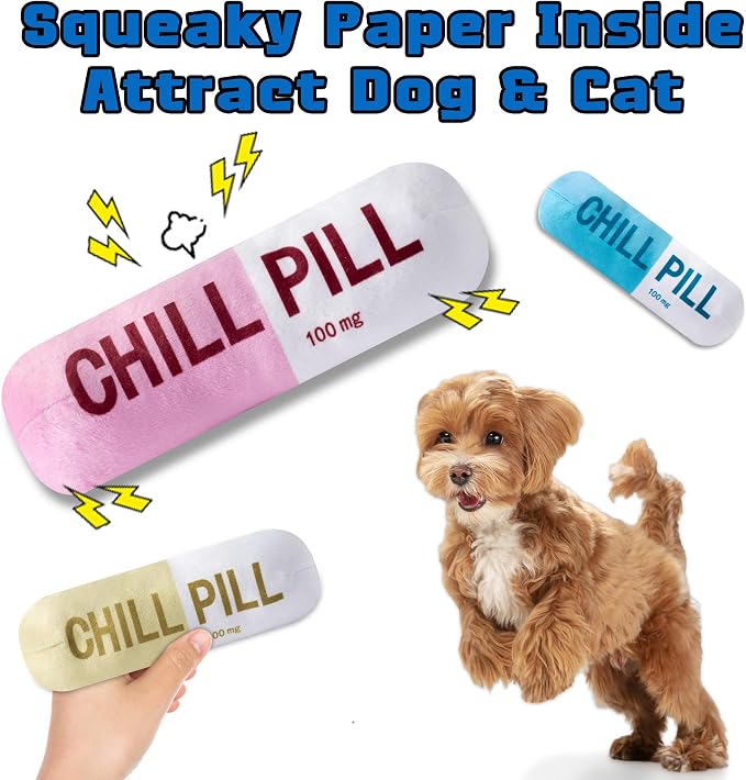 CUweipeng Squeaky Dog Chew Toys - 3Pcs Chill Pill Capsule Teething Squeak Small Plush Dog Toy Keep Them Busy Aggressive Chewers Bite Kick Interactive Training Play Pet Lover Gifts Present Photo Props