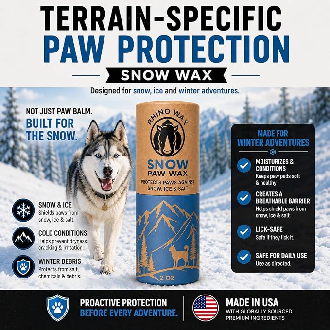 Rhino Wax - Dog Paw Snow Wax 2oz - Winter Balm for Dogs Feet - Protects Against Cold, Icy, Salt, Wintery Conditions - Moisturizes and Improves Elasticity - Lick-Safe, Natural Ingredients - Made in USA