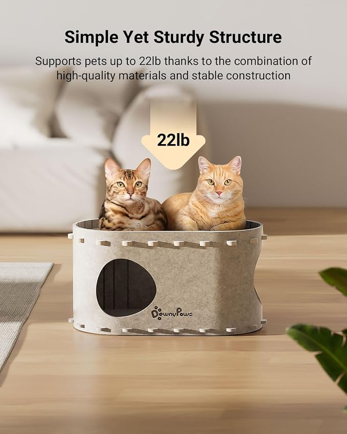 DownyPaws Cat House for Indoor Cats, Cat Bed Cave for Multiple & Large Cats Up to 22 Lbs, Scratch Resistant Peekaboo Cat Caves, Foldable Cat Tunnel Enclosed Bed, PeekaPurr, Cream and Forest