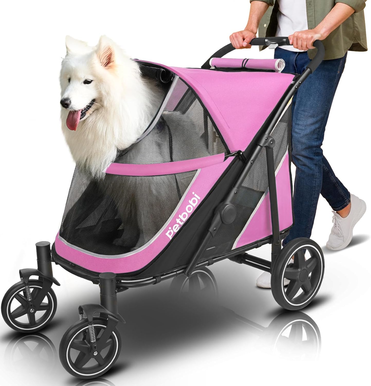 Petbobi Dog Stroller for Medium Dogs - Easy Fold Dual Entry Pet Stroller with One-Foot Brake, All Terrain Wagon Cart with Large Air Mesh, Ideal for Large Senior Pets up to 80 lbs, Pink