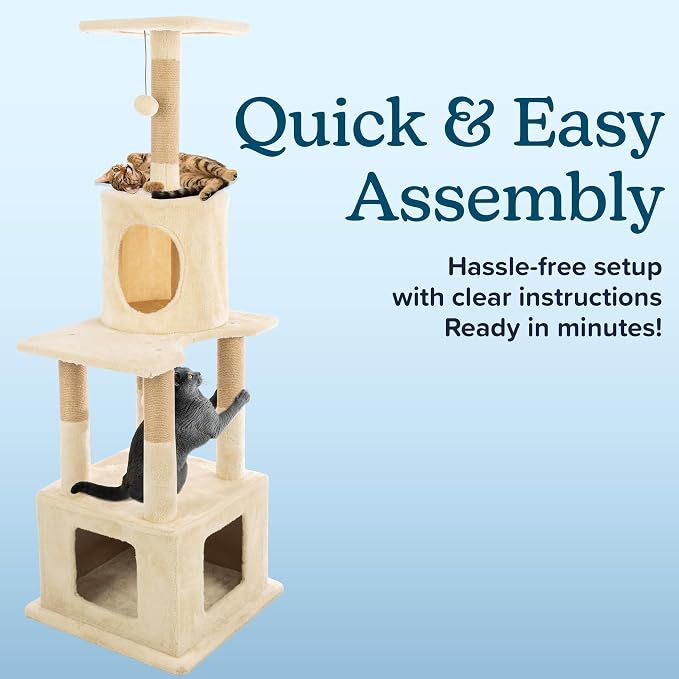 57” Tall Cat Tree Tower - Cat Tower with 2 Kitten Condos, Napping Perch, 5 Rope Scratching Posts, and 2 Hanging Toys - Multi-Level Kitten Tree and Climbing Activity Furniture by PETMAKER (Beige)