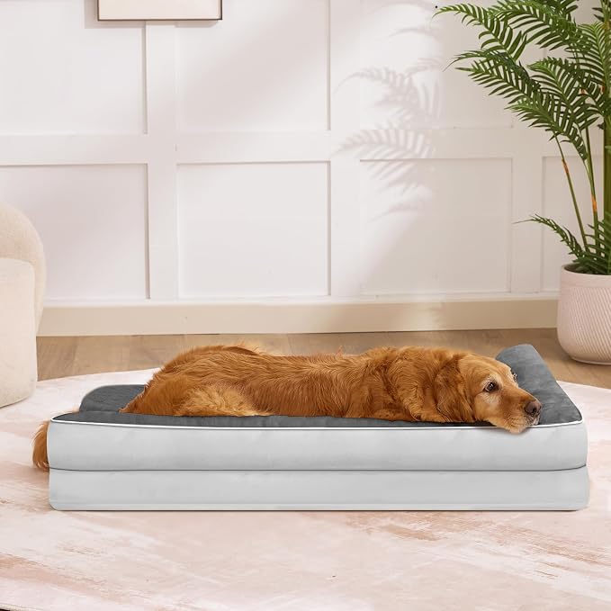 Dog Bed Large Sized Dogs, Orthopedic Dog Bed for Large Dogs, Waterproof Pet Bed with Washable Removable Cover, L-Shaped Pet Couch with Portable Handle 36"x27"x6.5", Grey Flannel