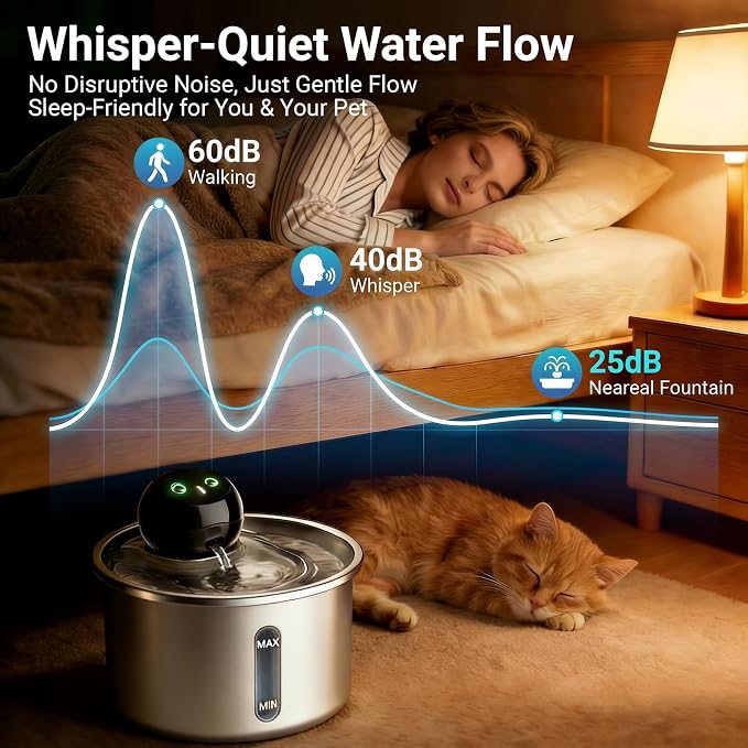 Cordless Cat Water Fountain 3L / 101oz, Stainless Steel Battery Operated Pet Fountain with 5000mAh Battery, Ultra Quiet, 3 Modes, 4 Filters, Helps Reduce Refills & Encourage Drinking