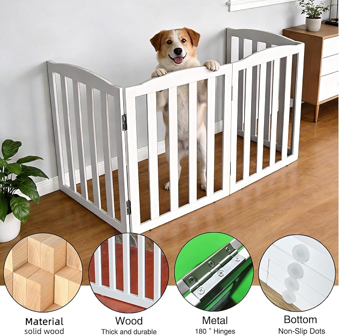 Freestanding Dog Gate Indoor,Doggie Gate Foldable Pet Gates for Doorways,Stairs or Hallways, Wooden White Pet Gate for the House, Pet Fence,32 "Height-4 Panels