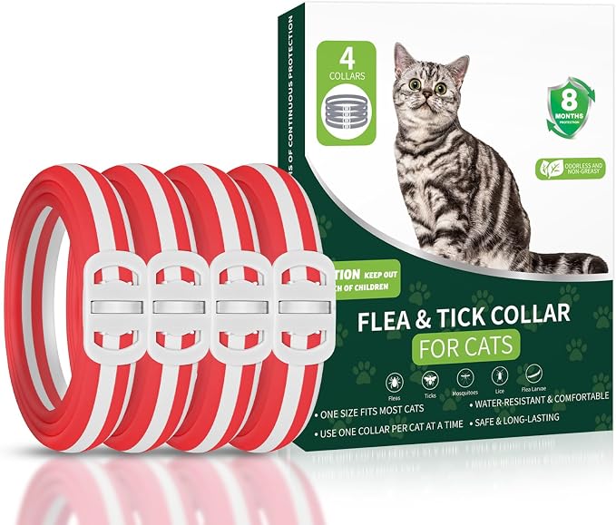 4 Pack Cat Flea Collars, Cat Flea and Tick Treatment, 32 Months Protection Flea and Tick Prevention for Cats, Waterproof Flea Collar for Cats, One Size Fits All, Red and White