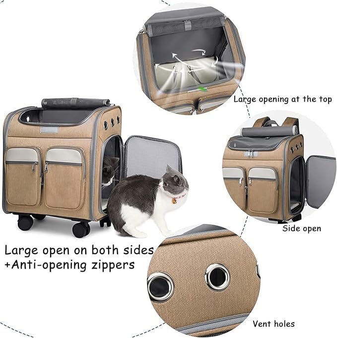 Wheeled Pet Carrier Backpack Pet Stroller,Travel Carrier with Detachable Wheels for Small Dogs Cats Puppies Up to 17 Lbs, Folding Puppy Carrier,Mesh Ventilation Windows, Storage Pockets
