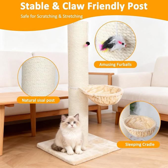 Tall Scratching Post for Cats 47in Tall Sturdy Natural Sisal Cat Scratcher with Thick Solid Wood Base Scratching Post Hammock for Indoor Adult Cat Stable Cat Scratcher with Ball Interactive Toy