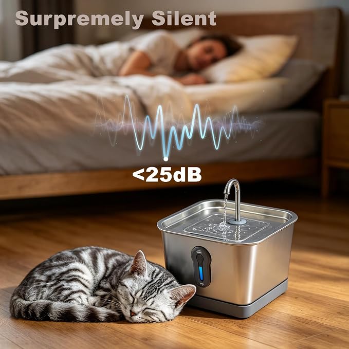 Cat Fountain Stainless Steel, 135oz/4L Pet Water Dispenser with App Monitoring, 4000mAh Operated Water Dispenser for Cats & Dogs,Ultra Quiet, LED Water Level Window Cat Fountain (2 Filter& 3 Sponge)