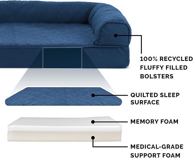Furhaven Memory Foam Dog Bed for Medium/Small Dogs w/ Removable Bolsters & Washable Cover, For Dogs Up to 35 lbs - Quilted Sofa - Navy (Blue), Medium