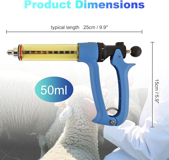 2-Piece 50ML Semi Automatic Livestock Syringe, 5-Gear Dose Adjustable, Continuous Repeating Luer Lock Syringe, Cow Goat Sheep Cattle Vaccine Gun, Farm Ranch Veterinary Syringes