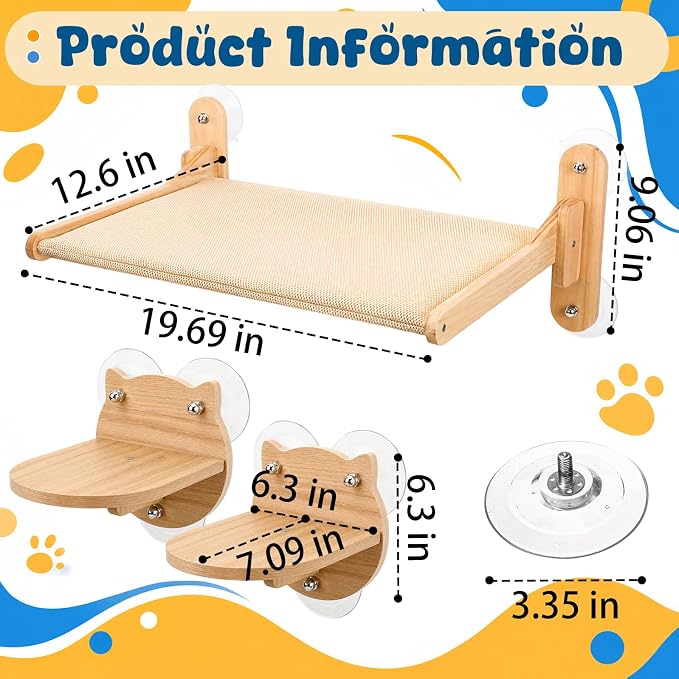 Novabright 3 Pcs Cat Window Perch Set with Hammock and 2 Cat Steps Wood Wall Shelves with Sturdy Suction Cup Mount Space-Saving Shelf for Indoor Window Bed for Sunbathing Bird Watching
