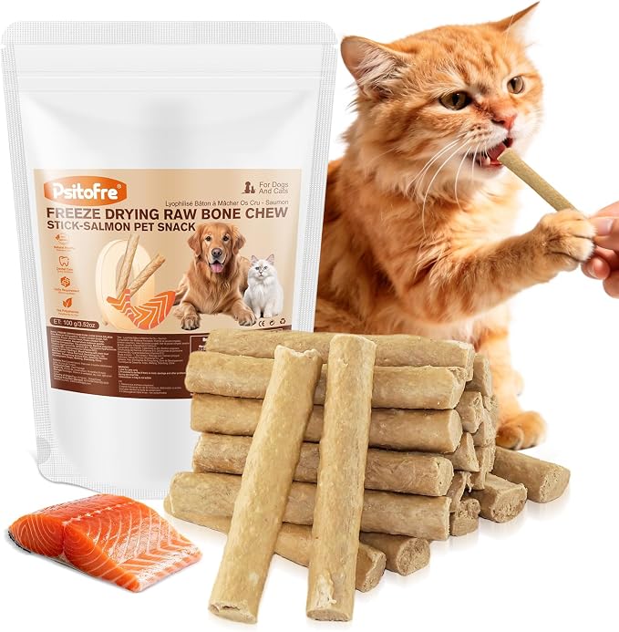 3.52oz Freezed Dried Cat Teething Sticks, Cat Chew Stick for Dental Care, Salmon Chicken Flavour Cats Treats, Feline Freshens Breath Snacks