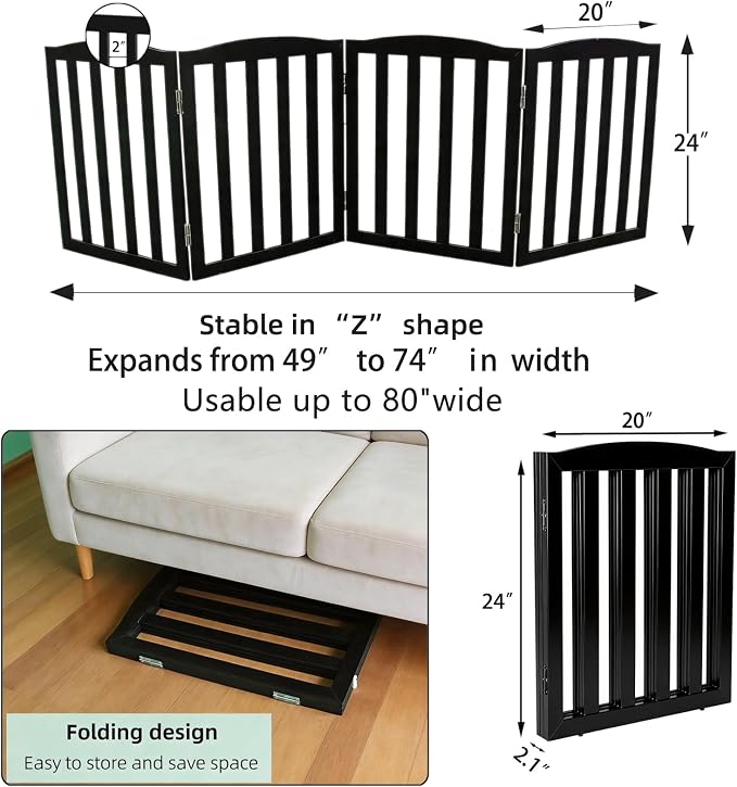 Freestanding Dog Gate Indoor,Doggie Gate Foldable Pet Gates for Doorways,Stairs or Hallways, Wooden Black Pet Gate for the House, Pet Fence,24 "Height-4 Panels