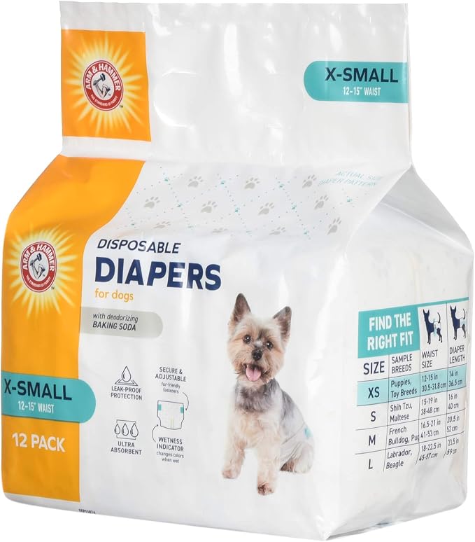 Arm & Hammer for Pets Disposable Female Dog Diapers with Odor Control and Wetness Indicator, Leak Resistant Dog Diapers for Incontinence and Heat Cycles, Size X-Small 12–15 in Waist, 12 Count
