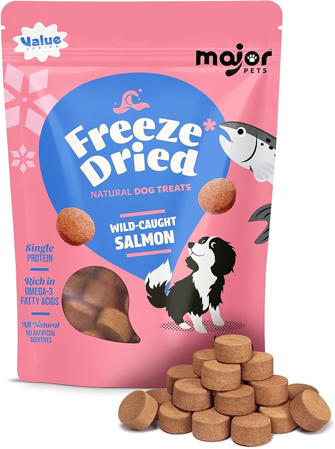 MAJOR PETS Freeze Dried Salmon Dog & Cat Treats - Wild Caught Alaskan Salmon -Single Protein - Grain Free & Gluten Free - Dog Food Toppers & Training Treats - Made and Sourced in The USA - 2.5 oz