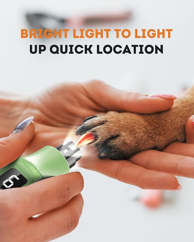 YABIFE 7-Speed Dog Nail Grinder with LED Light – Ultra Quiet Electric Pet Nail Trimmer for Large Dogs & Cats – Professional Grooming Tool with Dust Collector, One-Hand Speed Control (Light Green)