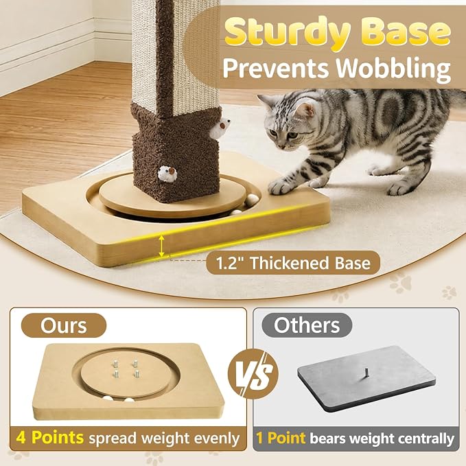 Tall Cat Scratching Post for Large Cats Kittens, 33" Indoor Sisal Vertical Pole Heavy Duty Square Structure with 4 Interactive Mouse Holes and Track Ball Base, Shields Furniture from Scratches