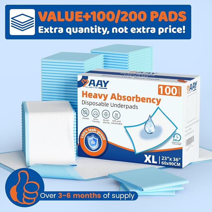 100 Count Disposable Beds Pads 23"x36",Premium Adults Incontinence Chucks Underpads,Super Absorbent Waterproof Pee Pads,Extra Large Puppy Training Pad,Baby Changing Pad